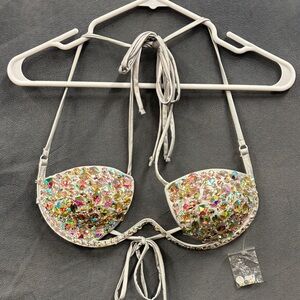 Windsor Colorful Crystal Embellished Silver Bikini Top Padded Large Sexy